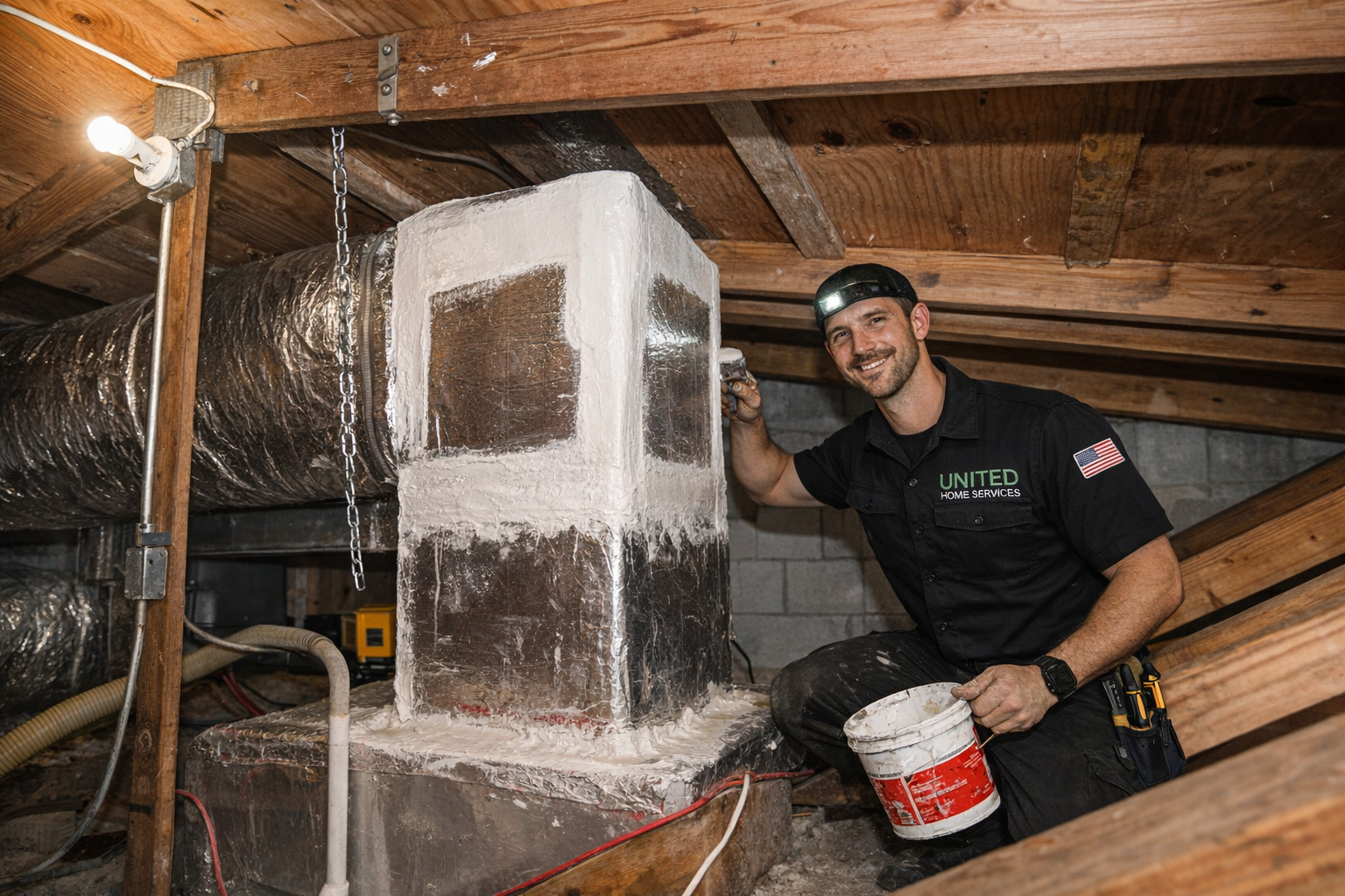attic hvac technician sealing air duct