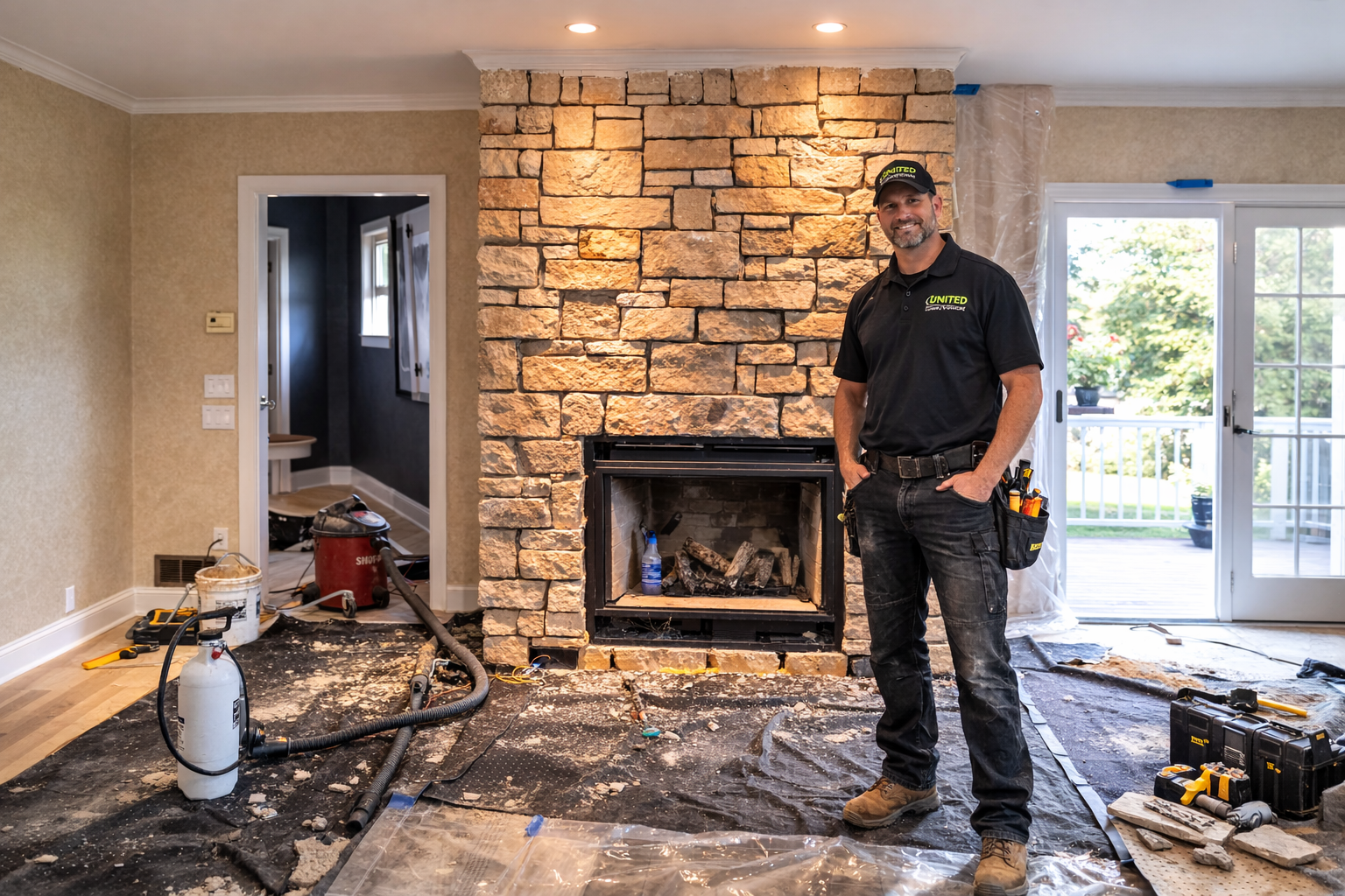 ongoing fireplace installation in living room
