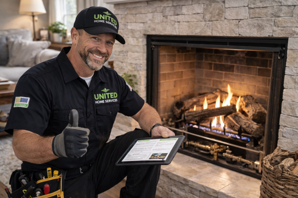 tech in action by the fireplace