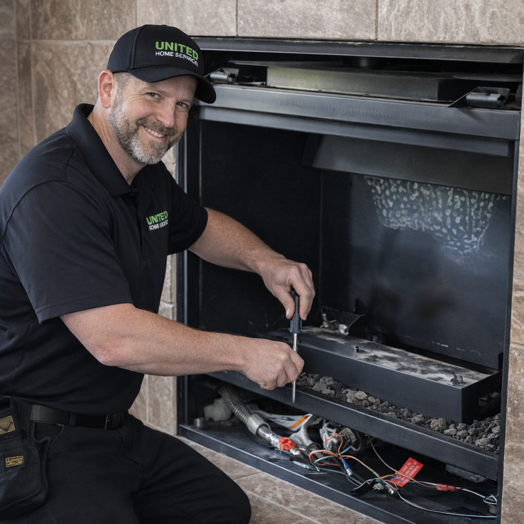 technician working on gas fireplace repair